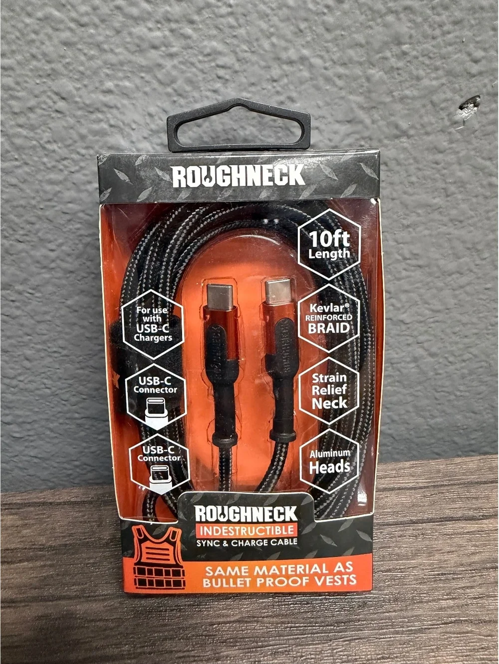 10ft Roughneck USB-C to USB-C Cable 2.4A Indestructible Heavy Duty Cord